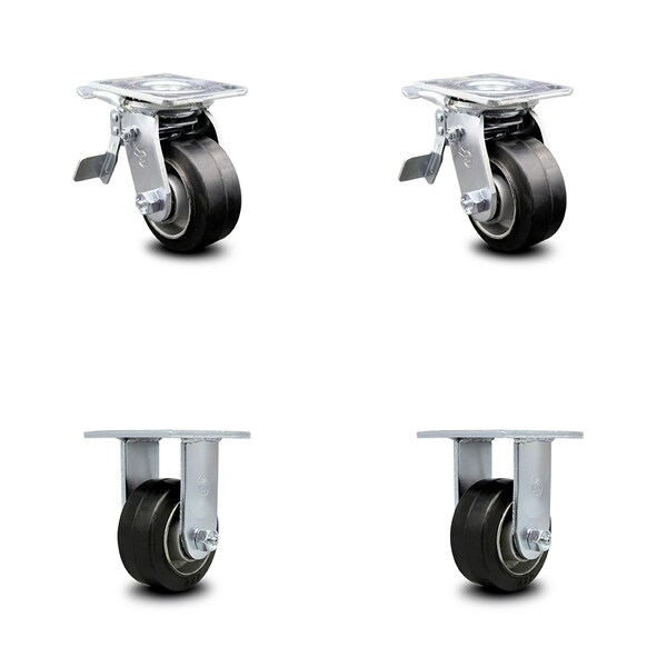 Service Caster 4 Inch Rubber on Aluminum Caster Set with Ball Bearings 2 Brakes 2 Rigid SCC SCC-TTL30S420-RAB-2-R-2 - main